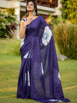 Suha - Blue Pure Cotton Hand Floral Printed Saree with unstitched blouse