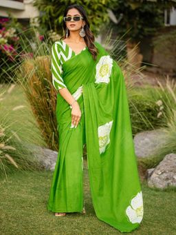 Suha - Green Pure Cotton Hand Floral Printed Saree with unstitched blouse