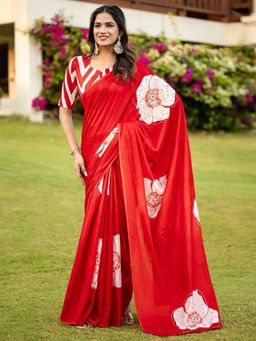 Suha - Red Pure Cotton Hand Floral Printed Saree with unstitched blouse