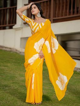 Suha - Yellow Pure Cotton Hand Floral Printed Saree with unstitched blouse
