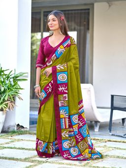 Suha - Olive Bagru Block print Mulmul Cotton Saree with unstitched blouse