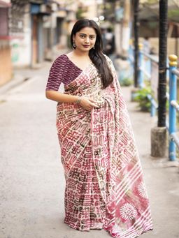 Suha - Orange Bagru Block print Mulmul Cotton Saree with unstitched blouse