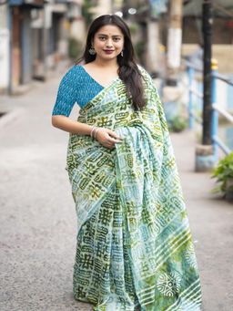 Suha - Blue Bagru Block print Mulmul Cotton Saree with unstitched blouse