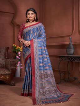 Suha - Blue Ajrakh Fancy Hand Block Mulmul Cotton Saree with unstitched blouse
