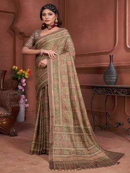 Suha - Brown Ajrakh Fancy Hand Block Mulmul Cotton Saree with unstitched blouse