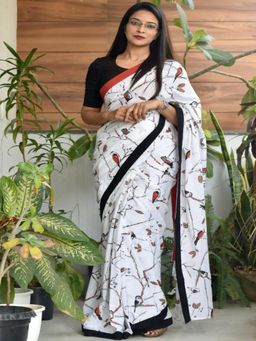 Suha - White Cotton Jaipur Block print Saree with unstitched blouse