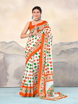 Suha - Orange Pure Cotton Tiranga Block Printed Saree with unstitched blouse