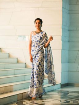 Suha - Blue Pure Cotton Hand Block print Saree with unstitched blouse