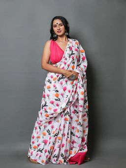 Suha - White Bagru Flower print Saree with unstitched blouse