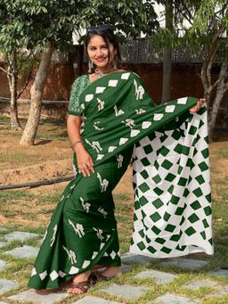 Suha - Green Pure Cotton Fancy Saree with unstitched blouse