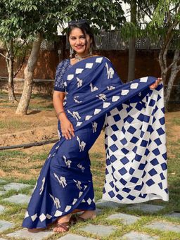 Suha - Blue Pure Cotton Fancy Saree with unstitched blouse