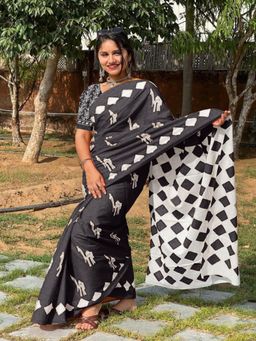Suha - Grey Pure Cotton Fancy Saree with unstitched blouse