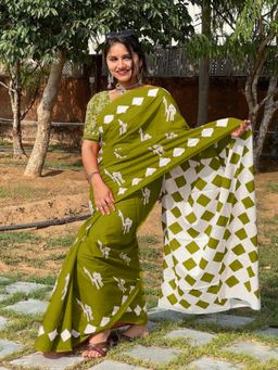 Suha - Olive Pure Cotton Fancy Saree with unstitched blouse