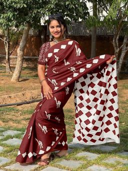 Suha - Maroon Pure Cotton Fancy Saree with unstitched blouse