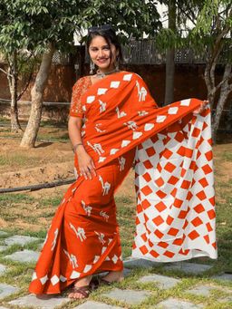 Suha - Orange Pure Cotton Fancy Saree with unstitched blouse