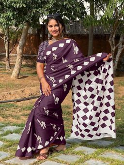 Suha - Purple Pure Cotton Fancy Saree with unstitched blouse