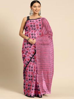 Suha - Pink Jaipur Hand Block Ikkat print Saree with unstitched blouse
