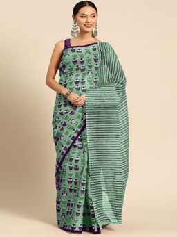 Suha - Aqua Jaipur Hand Block Ikkat print Saree with unstitched blouse