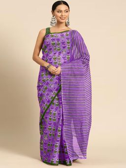 Suha - Purple Jaipur Hand Block Ikkat print Saree with unstitched blouse