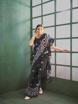 Suha - Black Cotton Jaipur Block print Saree with unstitched blouse