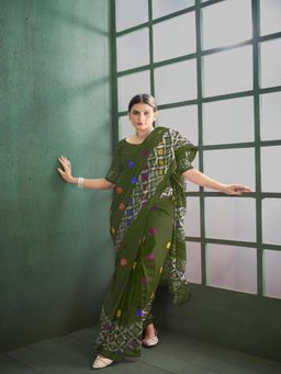 Suha - Olive Cotton Jaipur Block print Saree with unstitched blouse