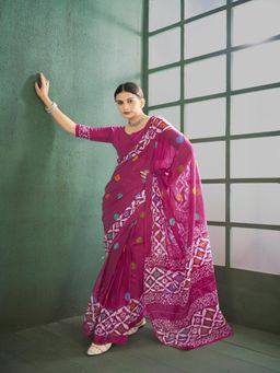 Suha - Pink Cotton Jaipur Block print Saree with unstitched blouse