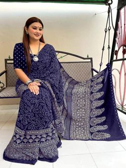 Suha - Blue Pure Cotton Printed Saree with unstitched blouse