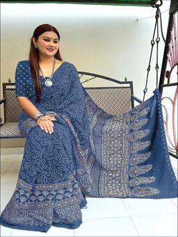 Suha - Blue Pure Cotton Printed Saree with unstitched blouse