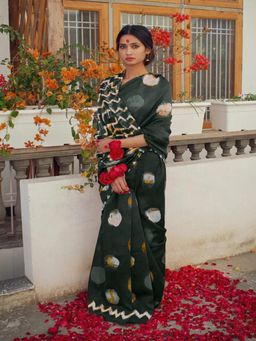 Suha - Olive Pure Cotton Fancy Bagru print Saree with unstitched blouse