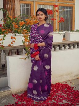 Suha - Purple Pure Cotton Fancy Bagru print Saree with unstitched blouse