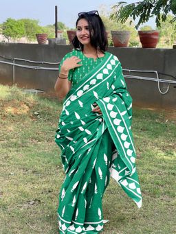 Suha - Aqua Pure Cotton Fancy Bagru print Saree with unstitched blouse