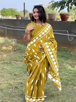 Suha - Yellow Pure Cotton Fancy Bagru print Saree with unstitched blouse