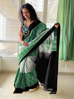 Suha - Green Pure Cotton Fancy Ikkat print Saree with unstitched blouse