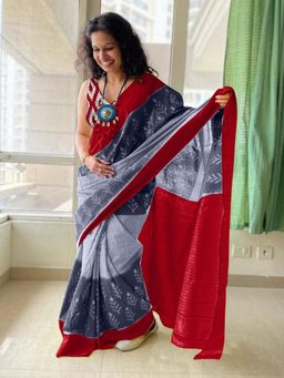 Suha - Grey Pure Cotton Fancy Ikkat print Saree with unstitched blouse