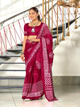 Suha - Pink Hand Batik Block print Saree with unstitched blouse