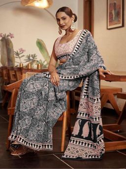 Suha - Black Ajrakh Fancy Hand Block Mulmul Cotton Saree with unstitched blouse