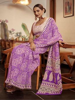 Suha - Purple Ajrakh Fancy Hand Block Mulmul Cotton Saree with unstitched blouse
