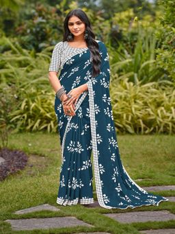 Suha - Blue Pure Cotton Bagru print Saree with unstitched blouse