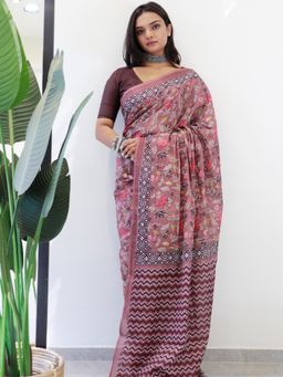 Suha - Mauve Bagru Hand Block Printed Pure Cotton Ajrakh Saree with unstitched blouse