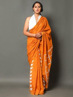 Suha - Orange Pure Cotton Half-Half Hand Block print Saree with unstitched blouse
