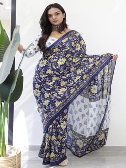 Suha - Navy Blue Ajrakh Fancy Hand Block Mulmul Cotton Saree with unstitched blouse