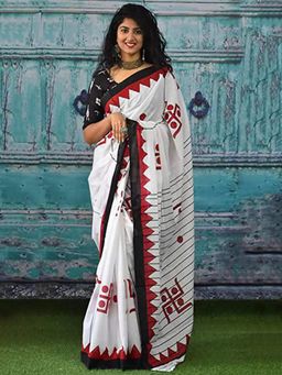 Suha - White Bagru Hand Block print Pure Cotton Ajrakh Saree with unstitched blouse