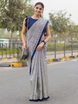 Suha - Grey Pure Cotton Fancy Jaipuri print Saree with unstitched blouse