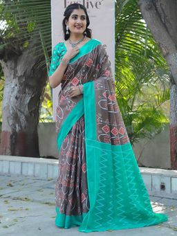Suha - Brown Pure Cotton Fancy Printed Saree with unstitched blouse