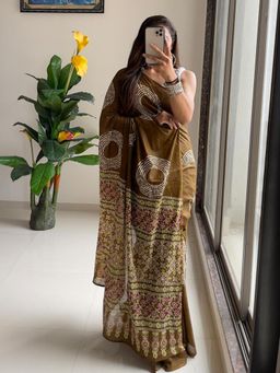 Suha - Brown Traditional Ajrakh Bandhej Handblock print Saree with unstitched blouse