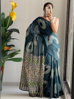 Suha - Teal Traditional Ajrakh Bandhej Handblock print Saree with unstitched blouse