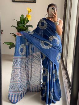 Suha - Blue Traditional Ajrakh Bandhej Handblock print Saree with unstitched blouse