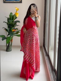 Suha - Pink Traditional Ajrakh Bandhej Handblock print Saree with unstitched blouse