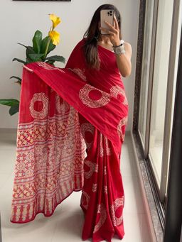 Suha - Red Traditional Ajrakh Bandhej Handblock print Saree with unstitched blouse
