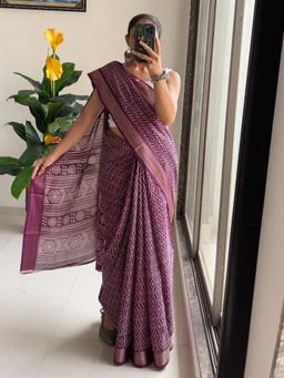 Suha - Purple Beautiful Bagru Printed Saree with unstitched blouse